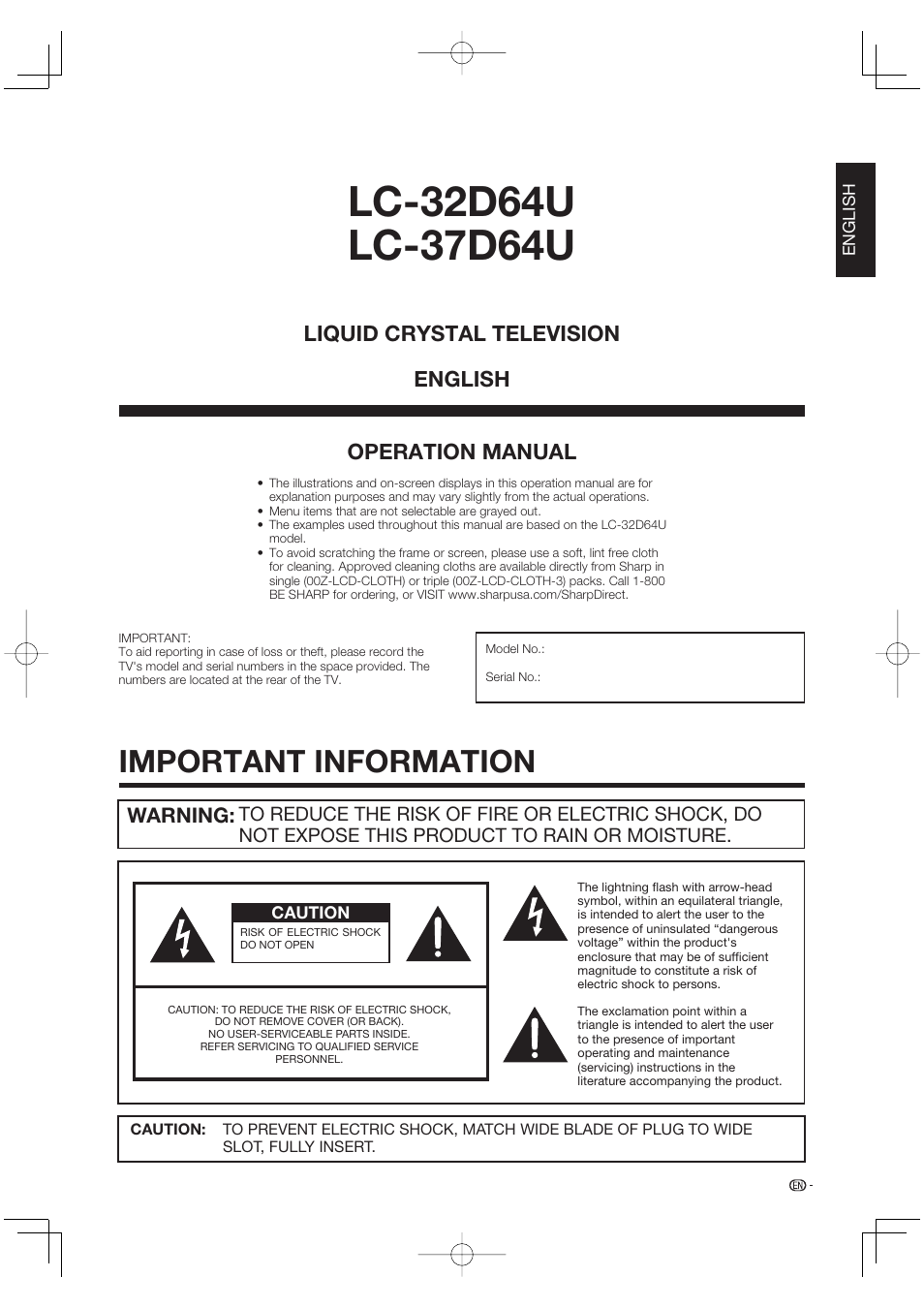 Important information, Operation manual, Liquid crystal television english | Warning | Sharp Aquos LC 37D64U User Manual | Page 3 / 44