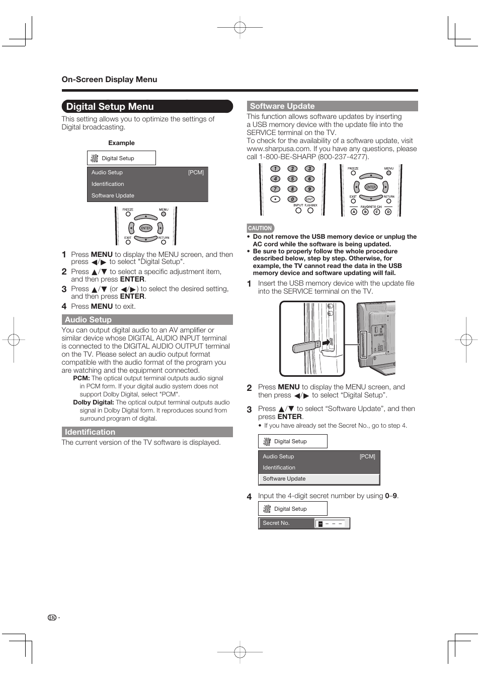 Digital setup menu, Audio setup, Identification | Software update | Sharp Aquos LC 37D64U User Manual | Page 30 / 44