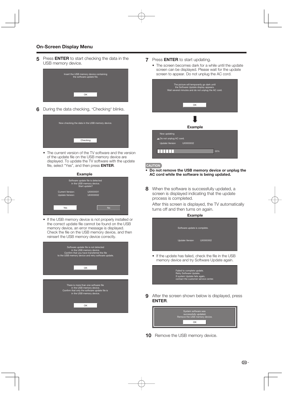 On-screen display menu, During the data checking, Checking | Blinks, Press enter to start updating | Sharp Aquos LC 37D64U User Manual | Page 31 / 44