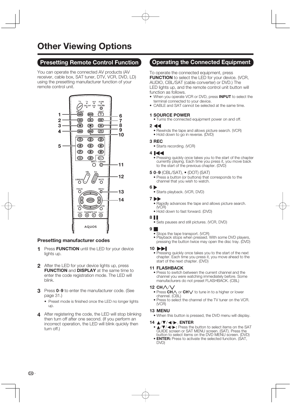 Other viewing options, Presetting remote control function, Operating the connected equipment | Sharp Aquos LC 37D64U User Manual | Page 32 / 44
