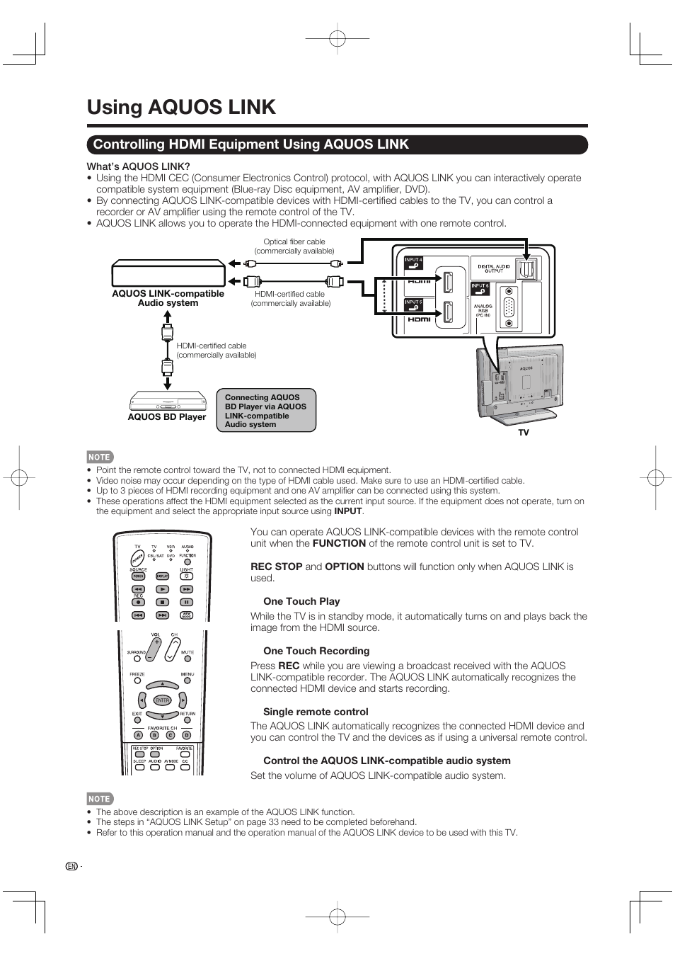 Using aquos link, Controlling hdmi equipment using aquos link | Sharp Aquos LC 37D64U User Manual | Page 34 / 44