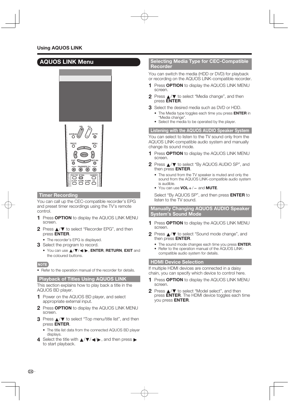 Aquos link menu | Sharp Aquos LC 37D64U User Manual | Page 36 / 44