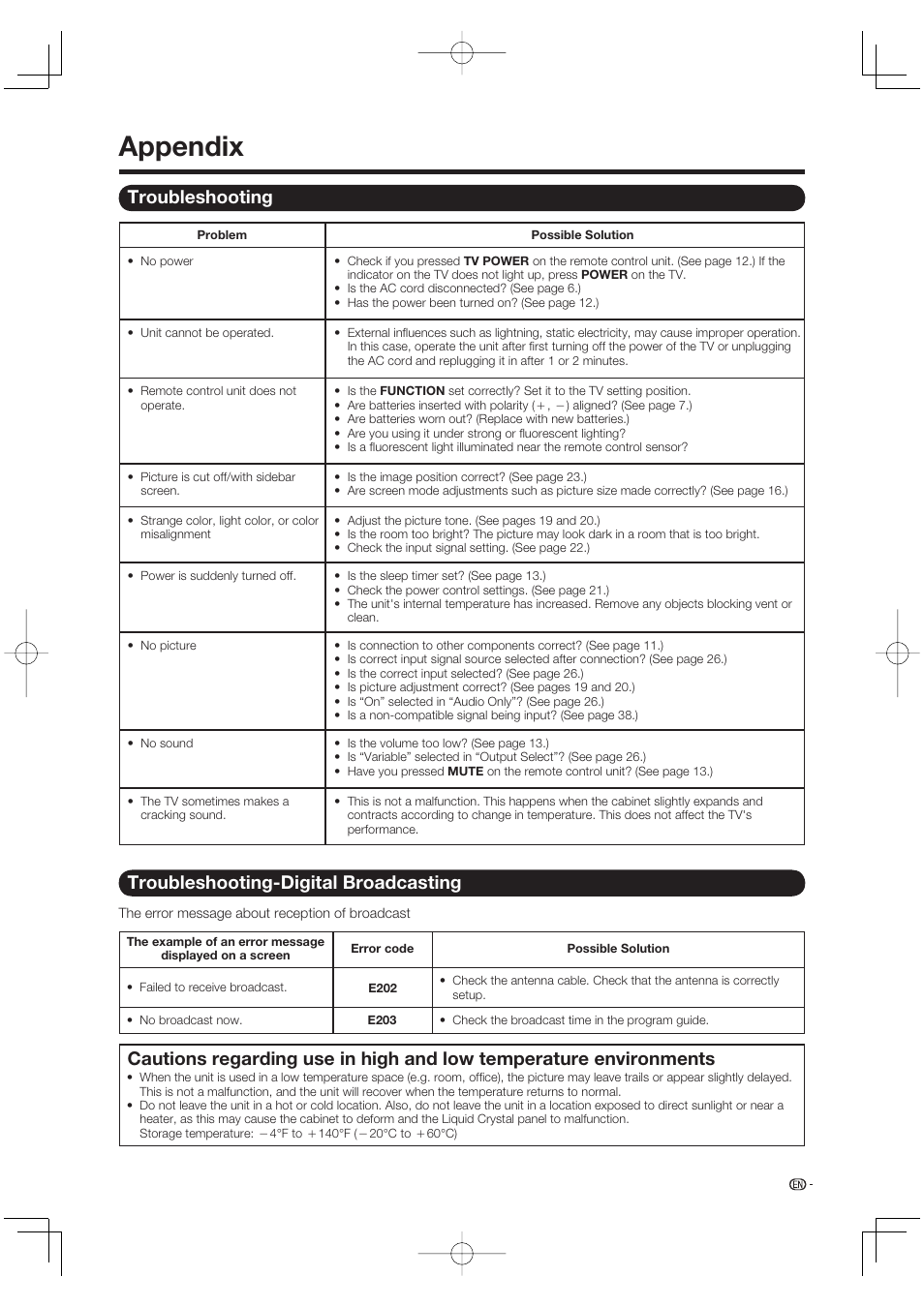 Appendix, Troubleshooting, Troubleshooting-digital broadcasting | Sharp Aquos LC 37D64U User Manual | Page 37 / 44