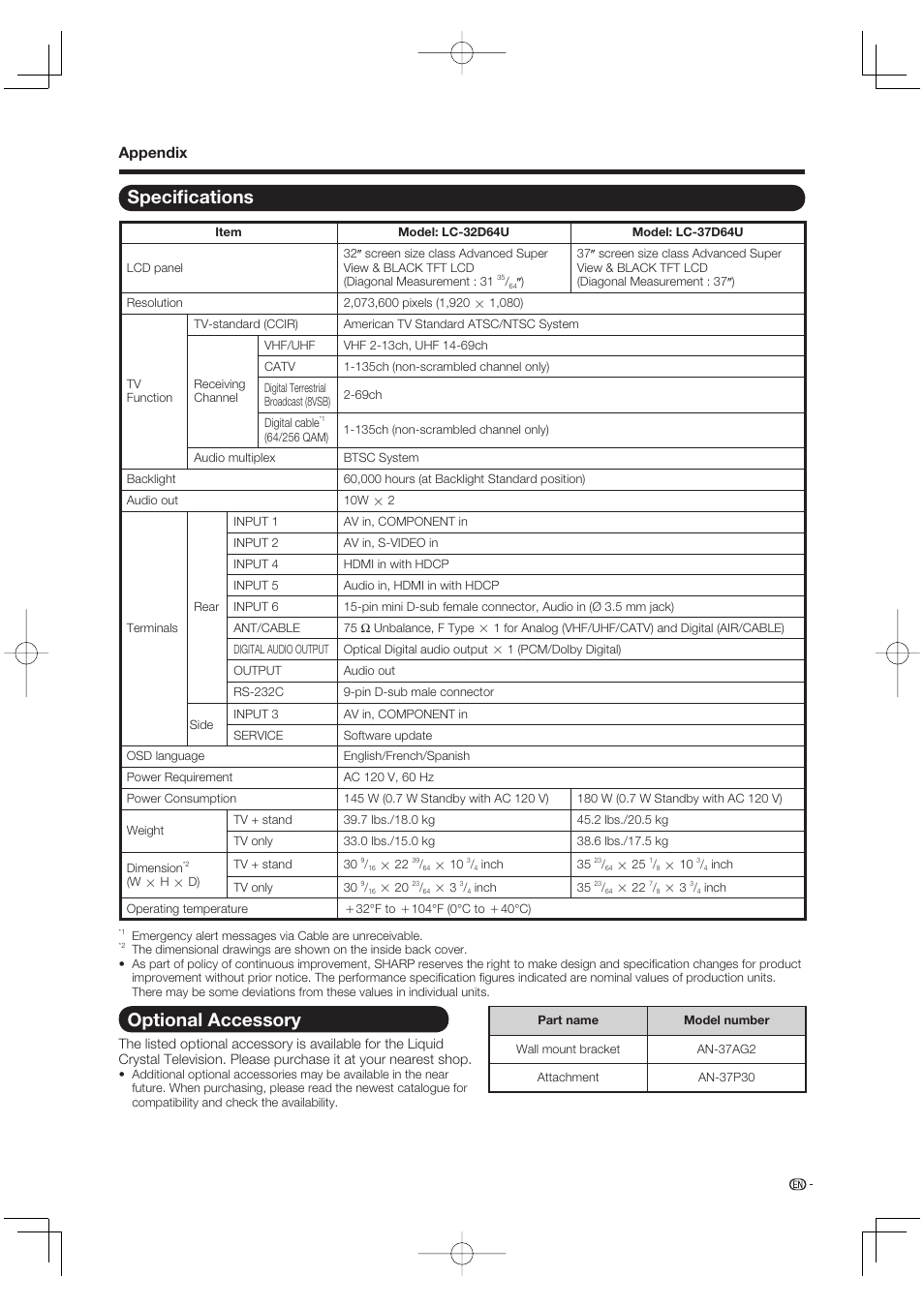 Specifications, Optional accessory, Specifi cations | Appendix | Sharp Aquos LC 37D64U User Manual | Page 39 / 44