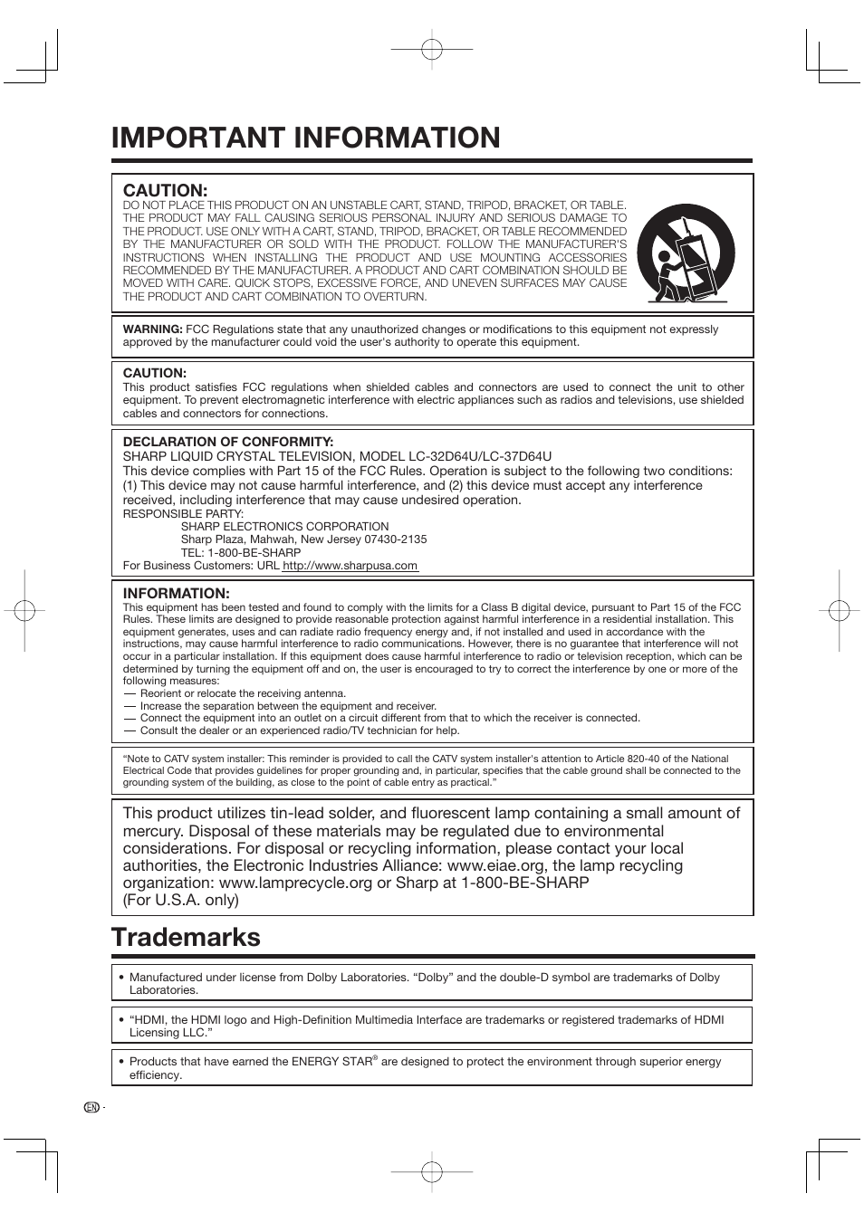 Trademarks, Important information, Caution | Sharp Aquos LC 37D64U User Manual | Page 4 / 44