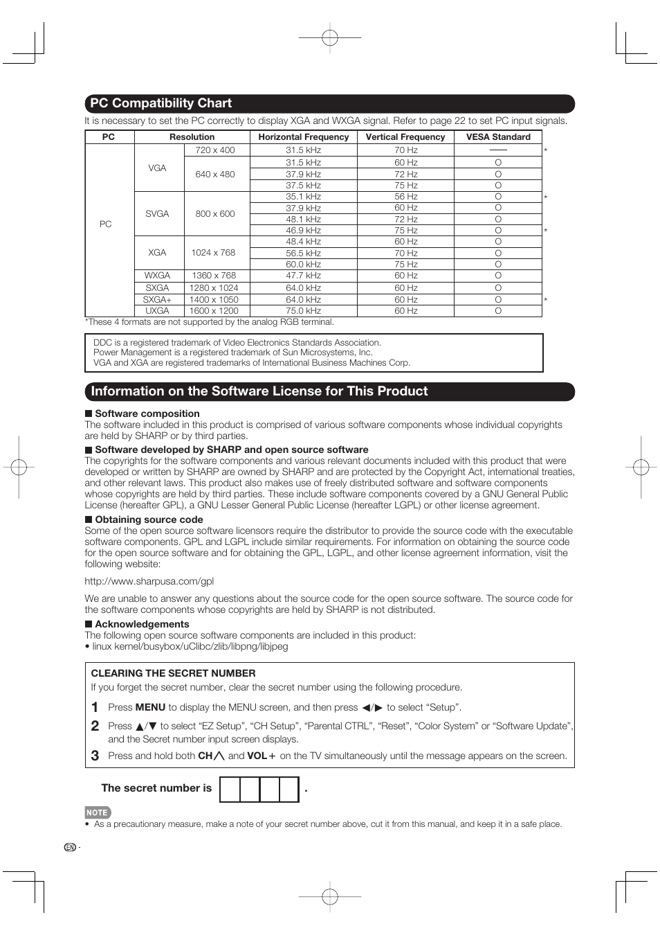 Pc compatibility chart | Sharp Aquos LC 37D64U User Manual | Page 40 / 44