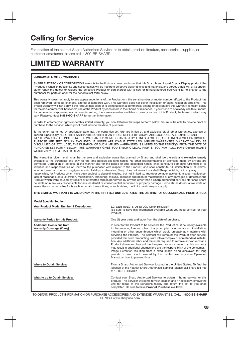 Calling for service, Limited warranty, Calling for service limited warranty | Sharp Aquos LC 37D64U User Manual | Page 41 / 44