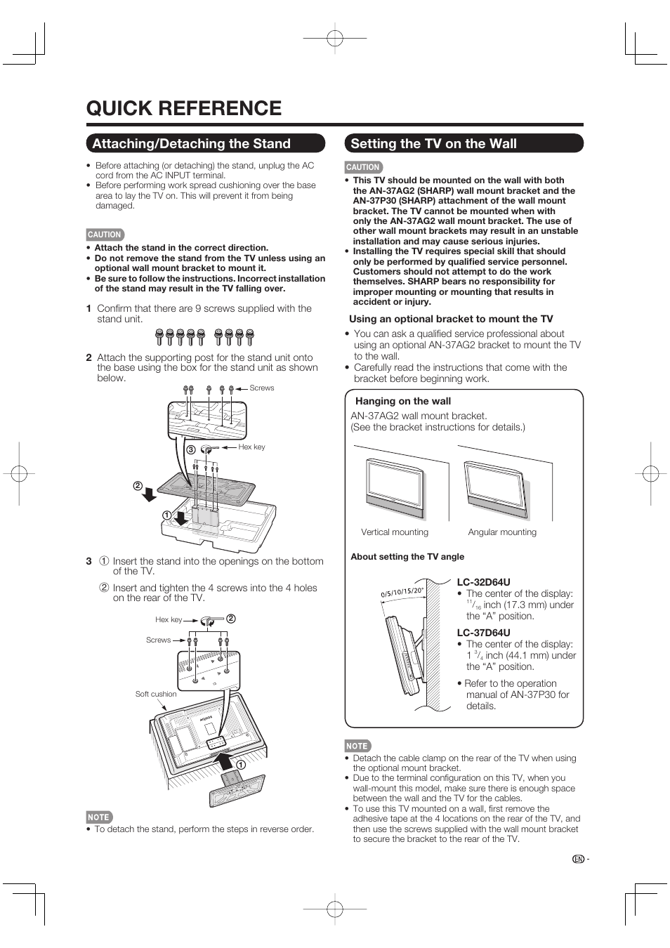 Quick reference, Attaching/detaching the stand, Setting the tv on the wall | Sharp Aquos LC 37D64U User Manual | Page 7 / 44