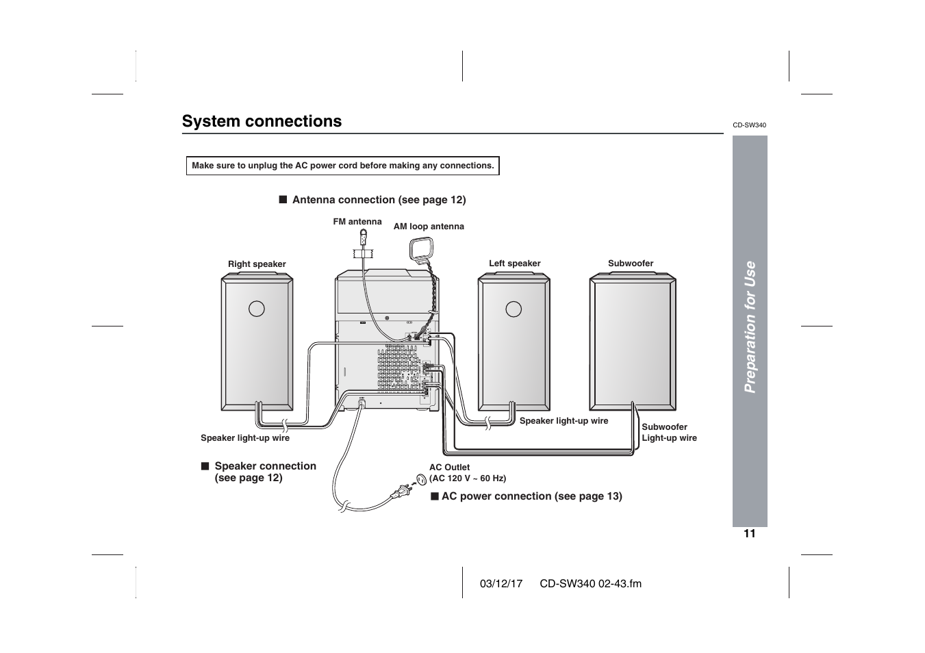 Preparation for use | Sharp CD SW340 User Manual | Page 11 / 40