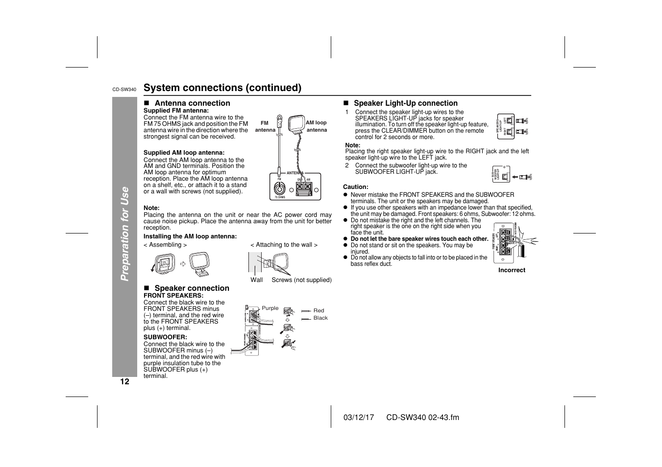 Preparation for use system connections (continued) | Sharp CD SW340 User Manual | Page 12 / 40