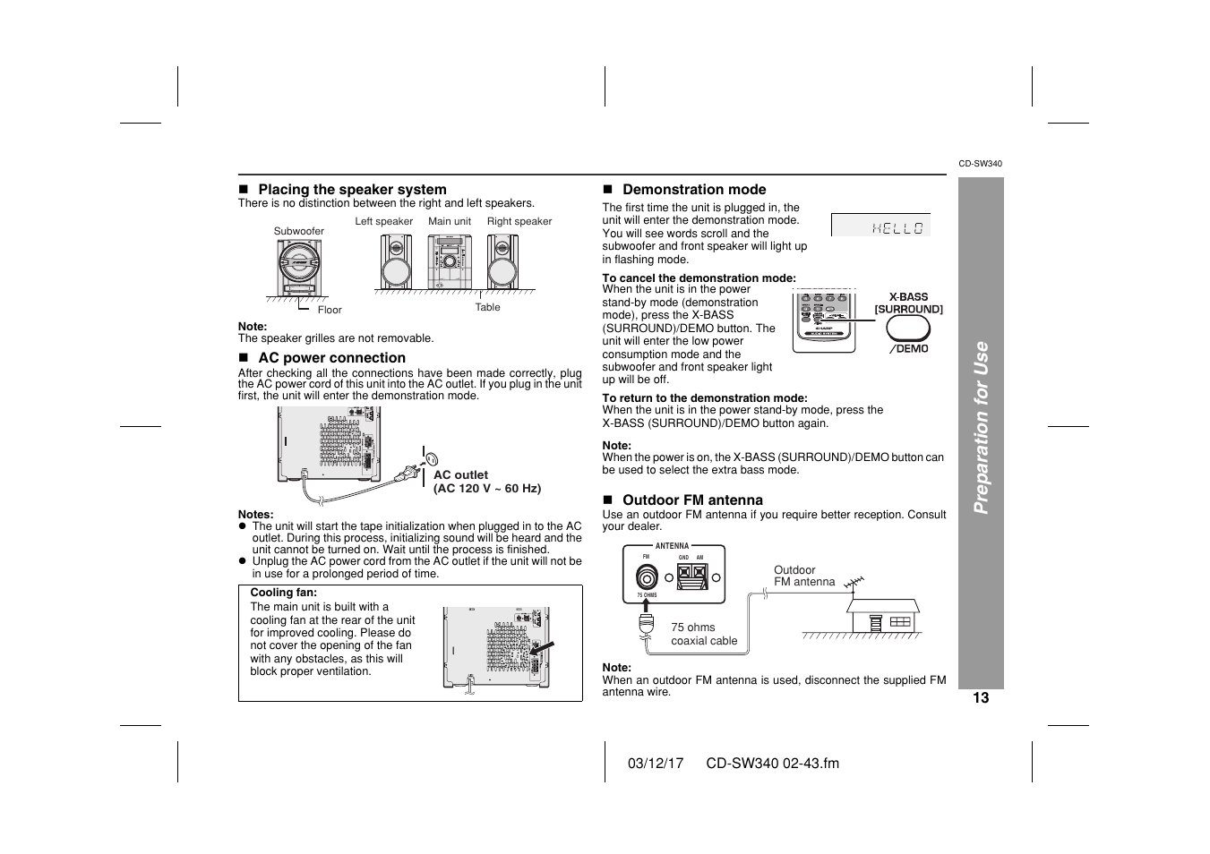 Preparation for use | Sharp CD SW340 User Manual | Page 13 / 40