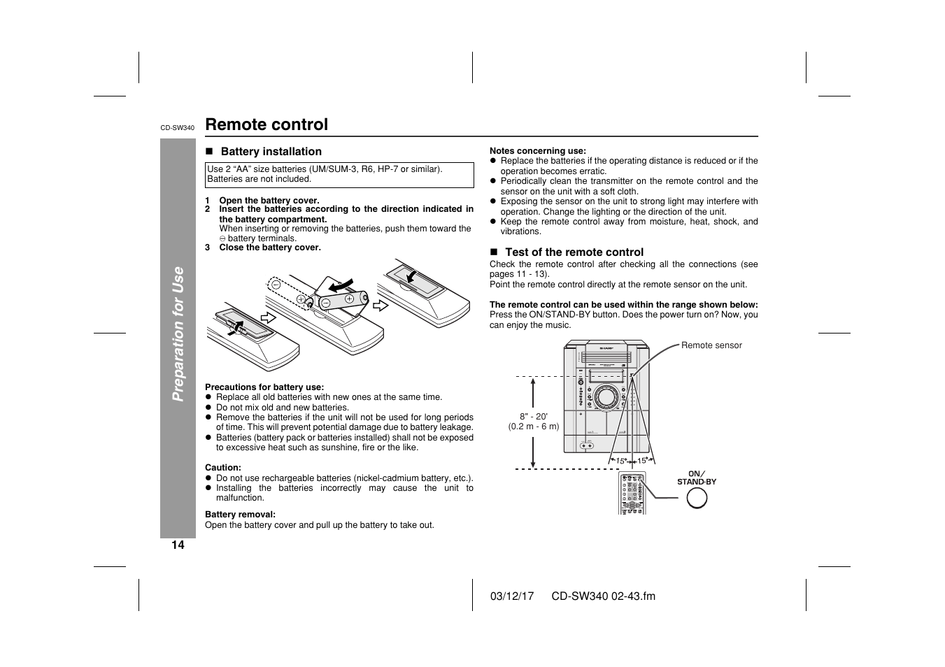 Remote control | Sharp CD SW340 User Manual | Page 14 / 40