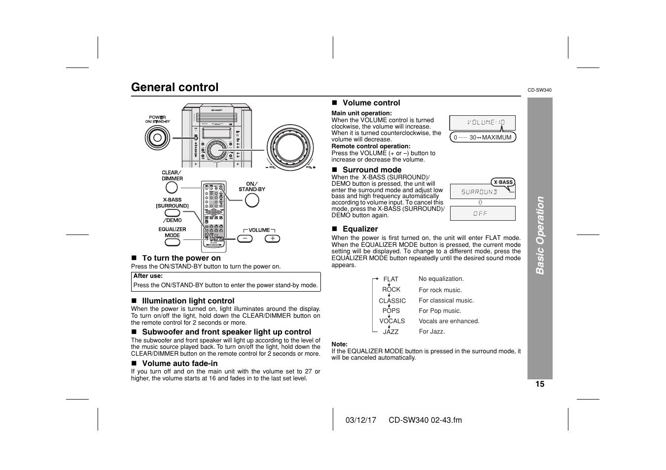 General control, Basic operation | Sharp CD SW340 User Manual | Page 15 / 40