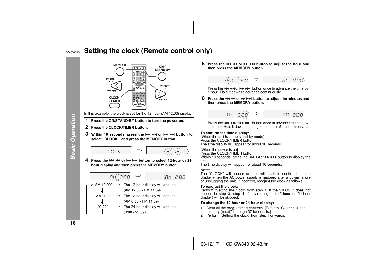 Setting the clock (remote control only), Basic operation | Sharp CD SW340 User Manual | Page 16 / 40