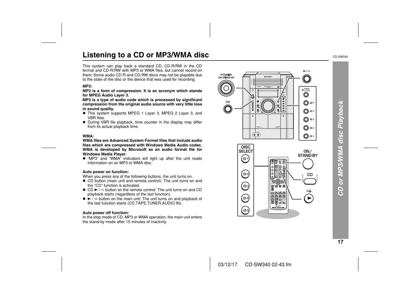 Listening to a cd or mp3/wma disc, Cd or mp3/wma disc playback | Sharp CD SW340 User Manual | Page 17 / 40