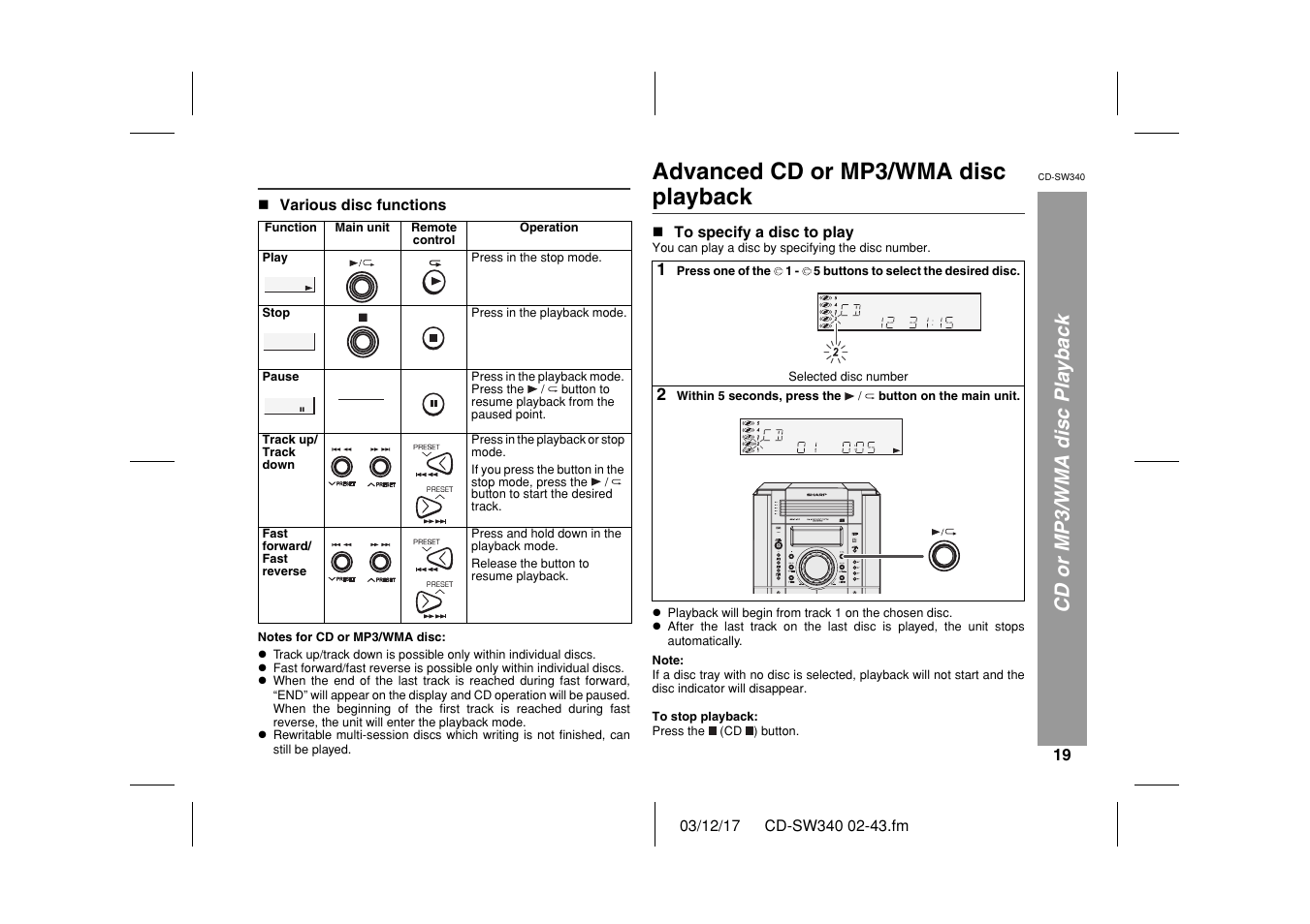 Advanced cd or mp3/wma disc playback, Cd or mp3/wma disc playback | Sharp CD SW340 User Manual | Page 19 / 40