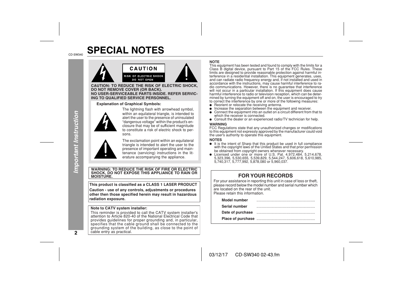 Important instruction | Sharp CD SW340 User Manual | Page 2 / 40