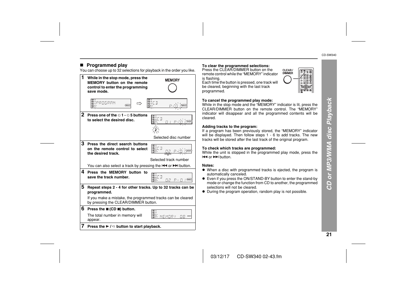 Cd or mp3/wma disc playback | Sharp CD SW340 User Manual | Page 21 / 40