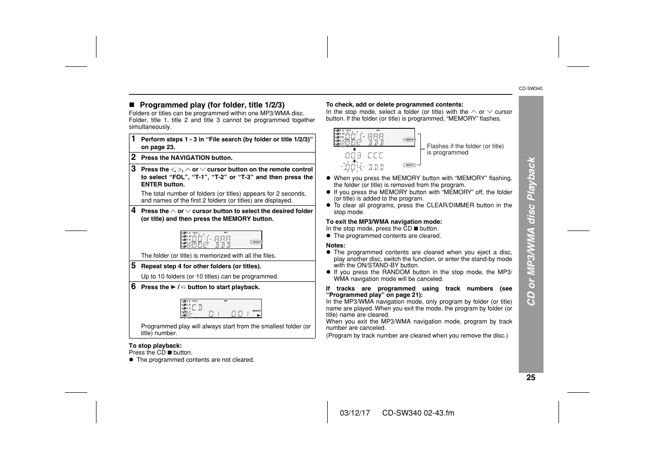 Cd or mp3/wma disc playback | Sharp CD SW340 User Manual | Page 25 / 40