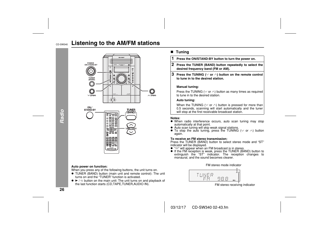 Listening to the am/fm stations | Sharp CD SW340 User Manual | Page 26 / 40