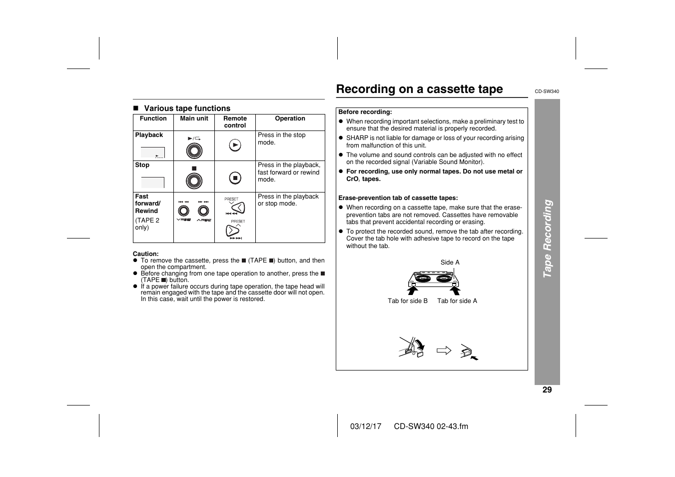 Recording on a cassette tape, Tape recording | Sharp CD SW340 User Manual | Page 29 / 40