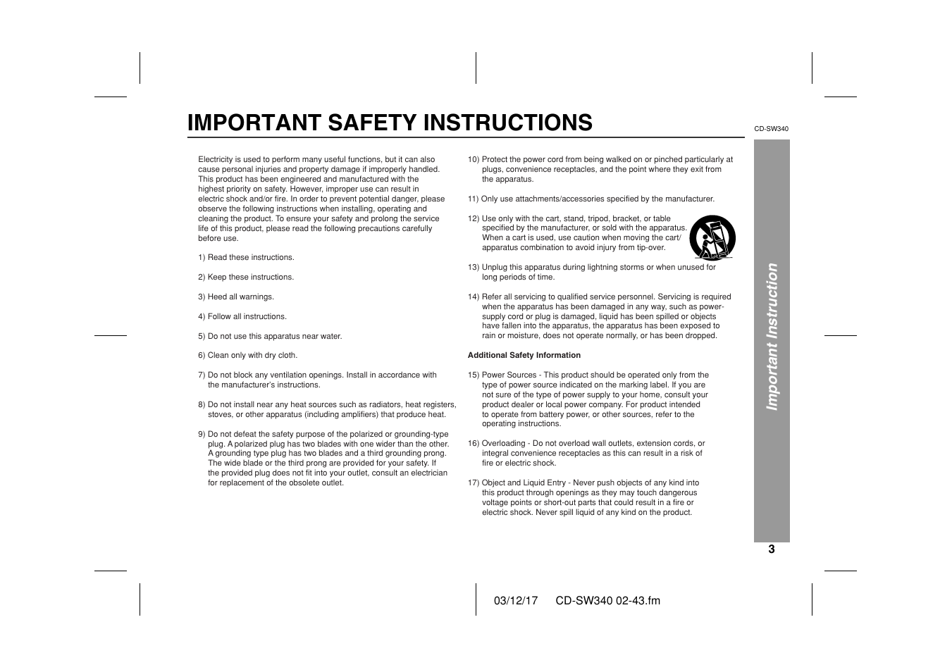 Important safety instructions, Important instruction | Sharp CD SW340 User Manual | Page 3 / 40