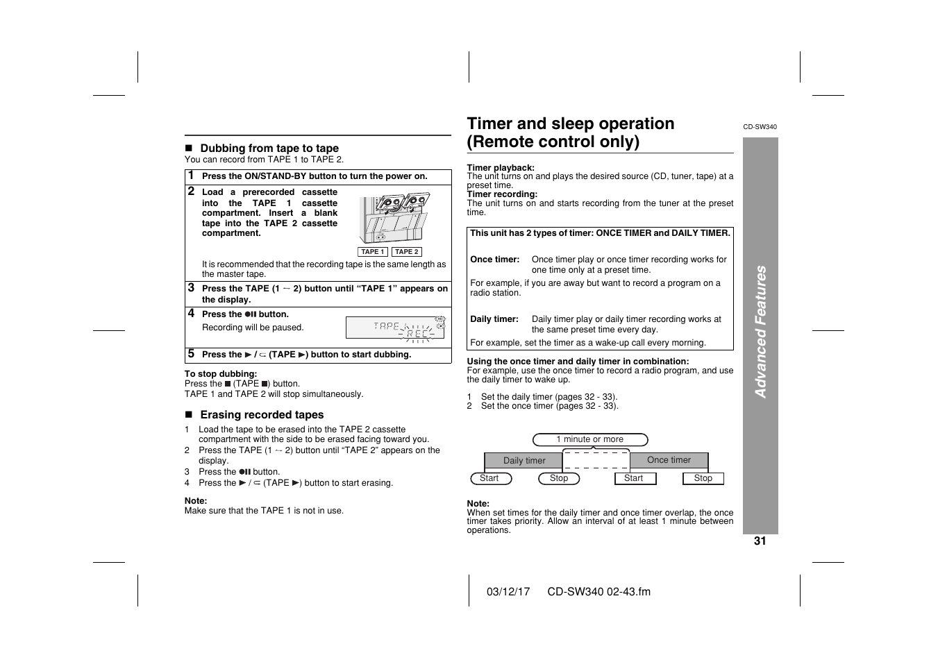 Timer and sleep operation (remote control only) | Sharp CD SW340 User Manual | Page 31 / 40