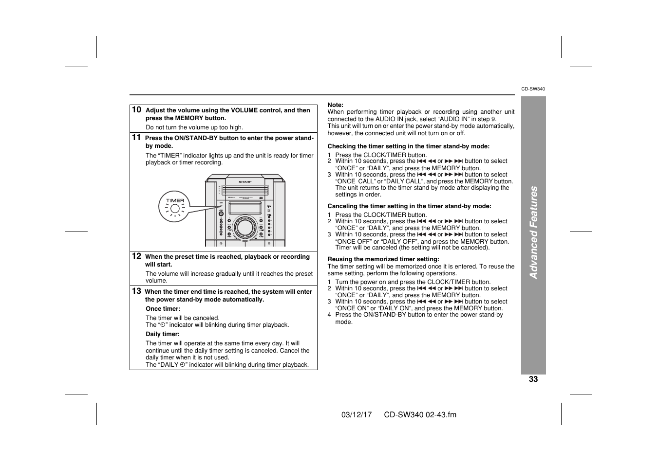 Advanced features | Sharp CD SW340 User Manual | Page 33 / 40