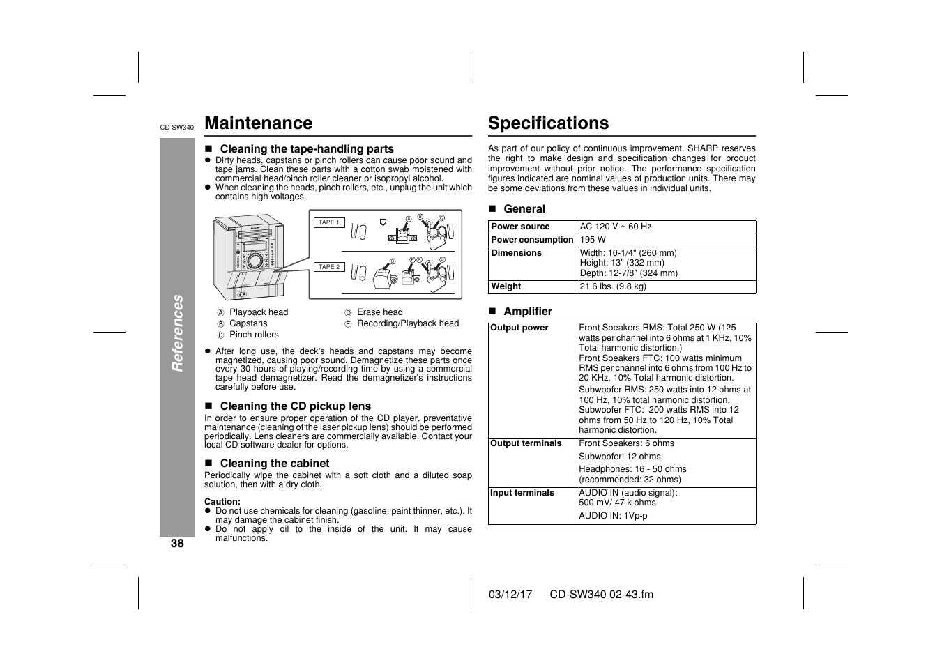 Maintenance, Specifications, References | Sharp CD SW340 User Manual | Page 38 / 40