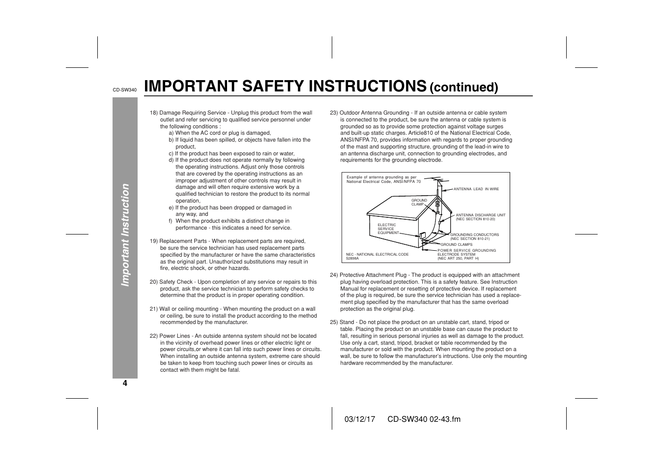 Important safety instructions, Continued), Important instruction | Sharp CD SW340 User Manual | Page 4 / 40