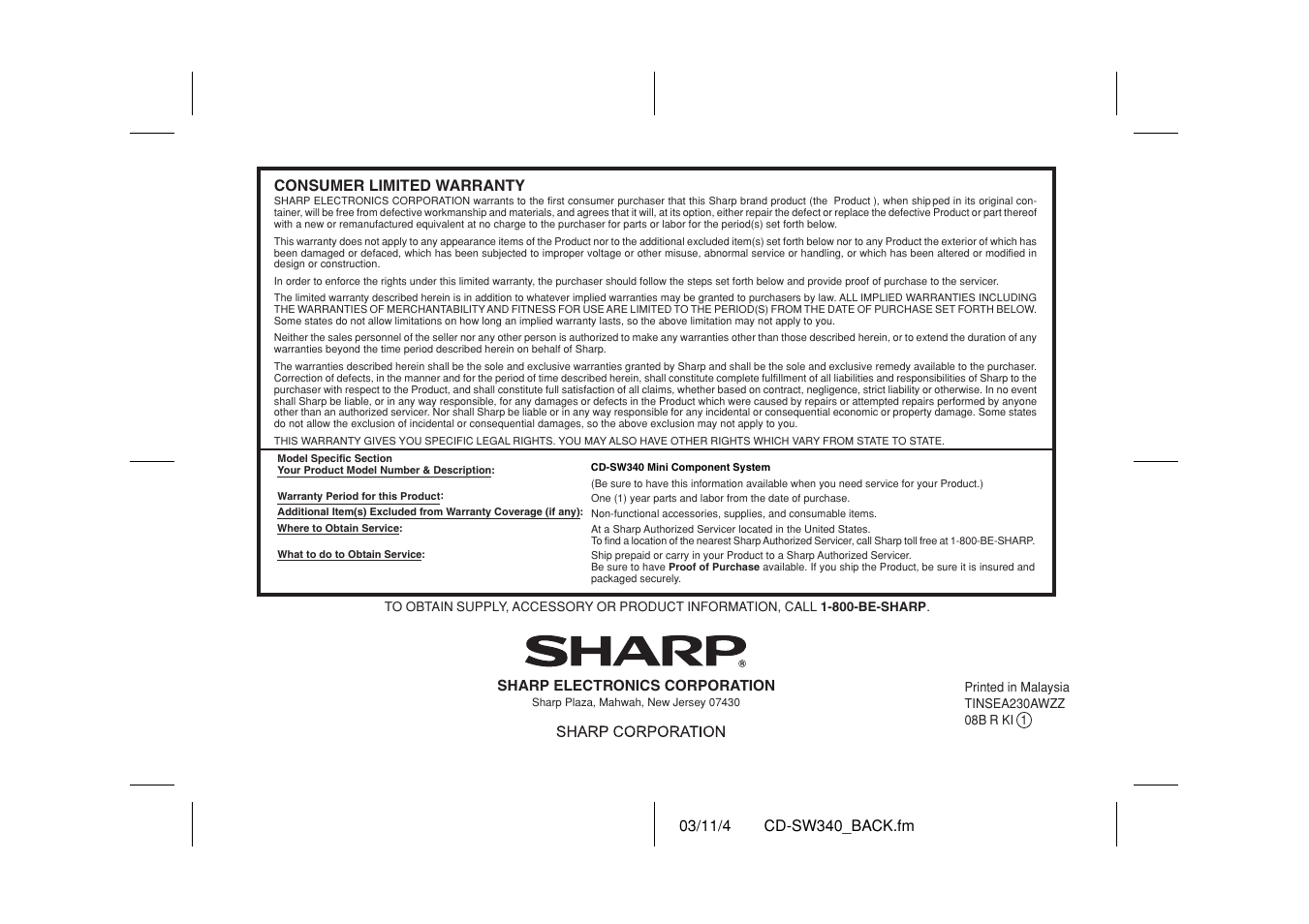 Sharp CD SW340 User Manual | Page 40 / 40