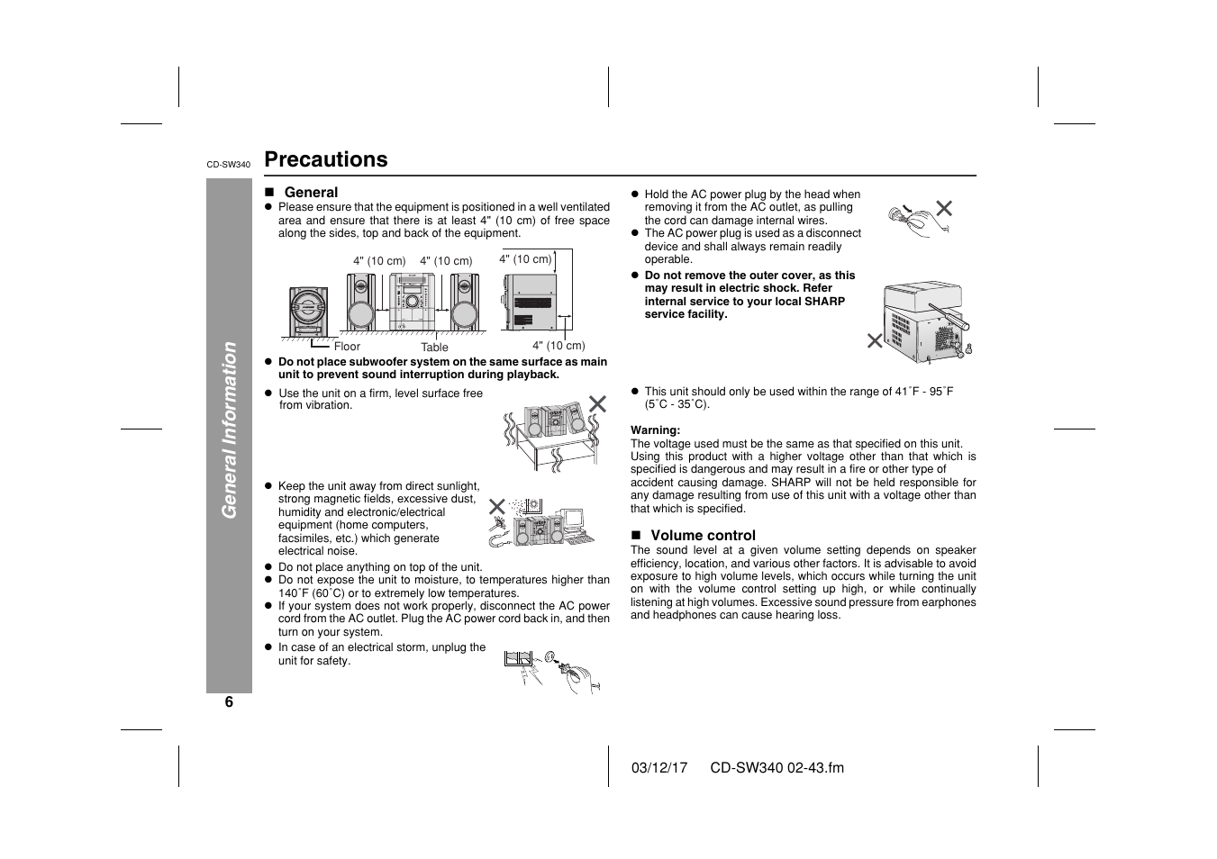 Precautions | Sharp CD SW340 User Manual | Page 6 / 40