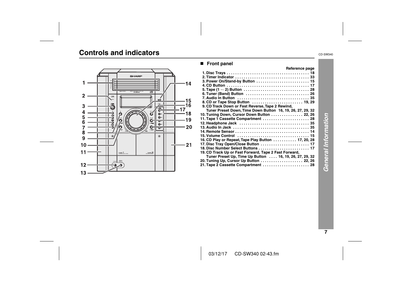 Controls and indicators | Sharp CD SW340 User Manual | Page 7 / 40