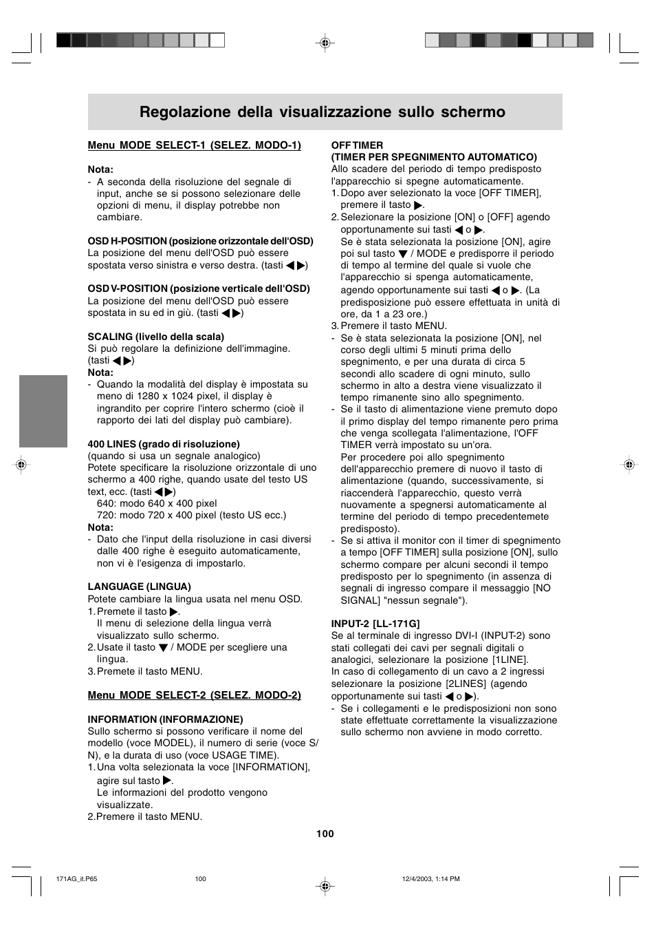 Regolazione della visualizzazione sullo schermo | Sharp LL-171A User Manual | Page 100 / 140