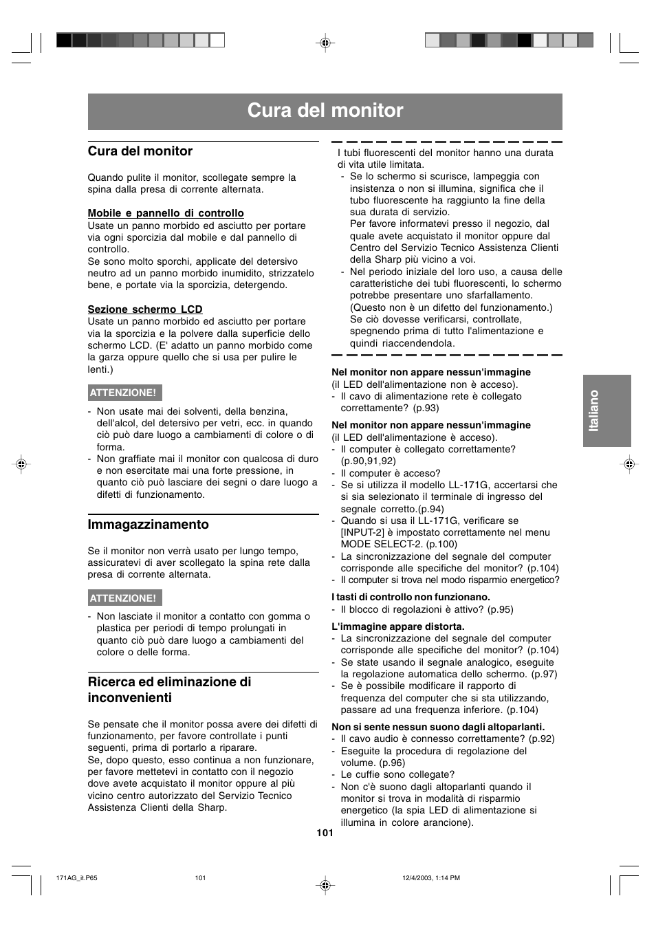 Cura del monitor, Immagazzinamento, Ricerca ed eliminazione di inconvenienti | Sharp LL-171A User Manual | Page 101 / 140