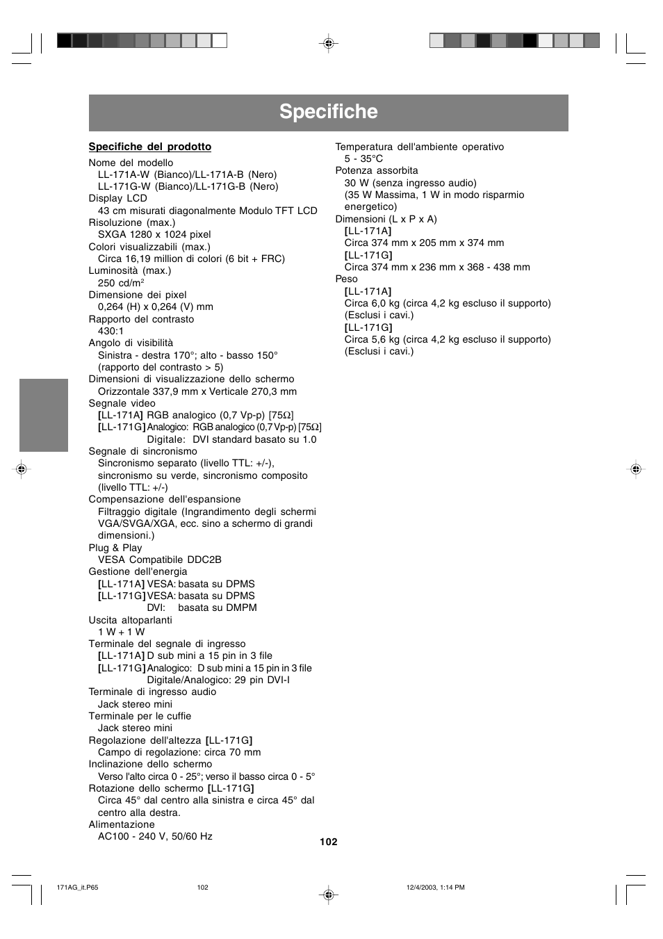 Specifiche | Sharp LL-171A User Manual | Page 102 / 140