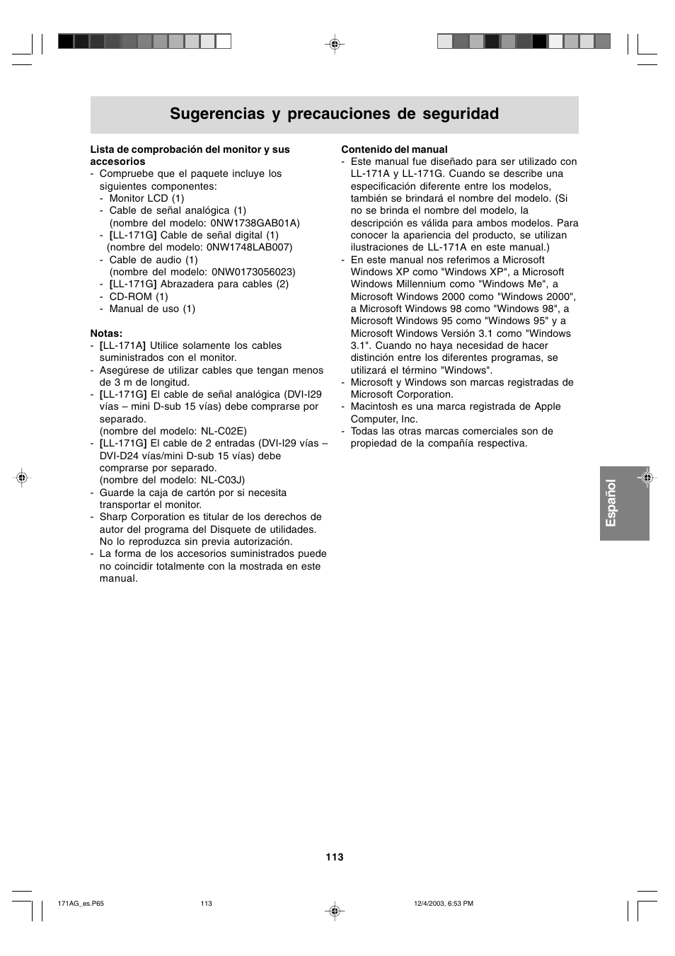 Sugerencias y precauciones de seguridad, English deutsch français italiano español english | Sharp LL-171A User Manual | Page 113 / 140