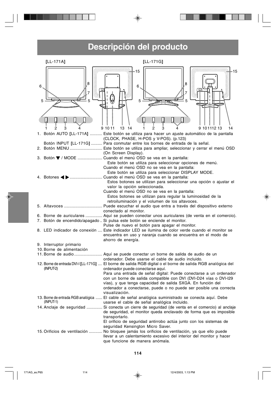 Descripción del producto | Sharp LL-171A User Manual | Page 114 / 140