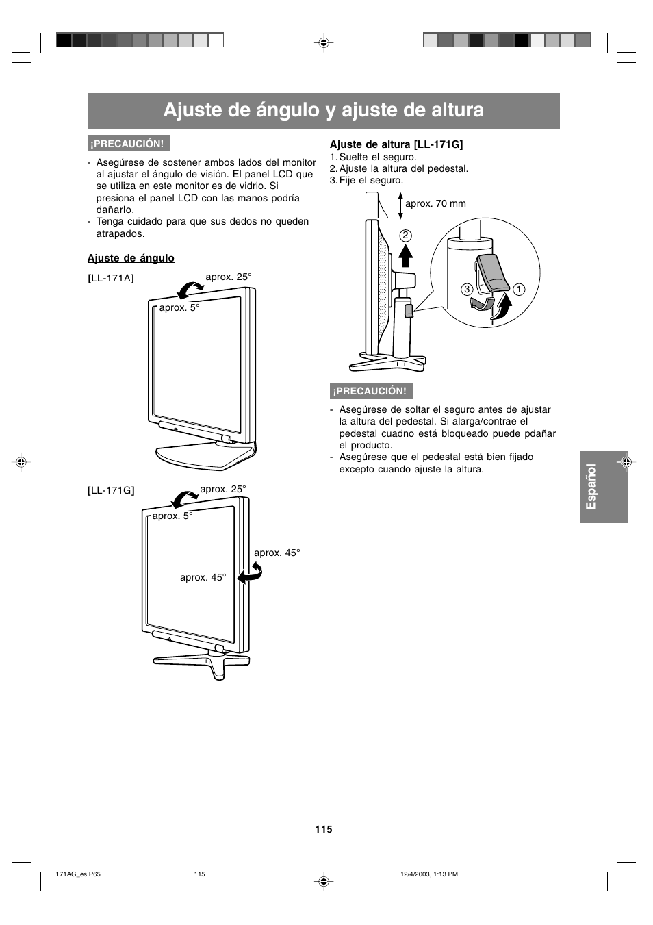 Ajuste de ángulo y ajuste de altura | Sharp LL-171A User Manual | Page 115 / 140