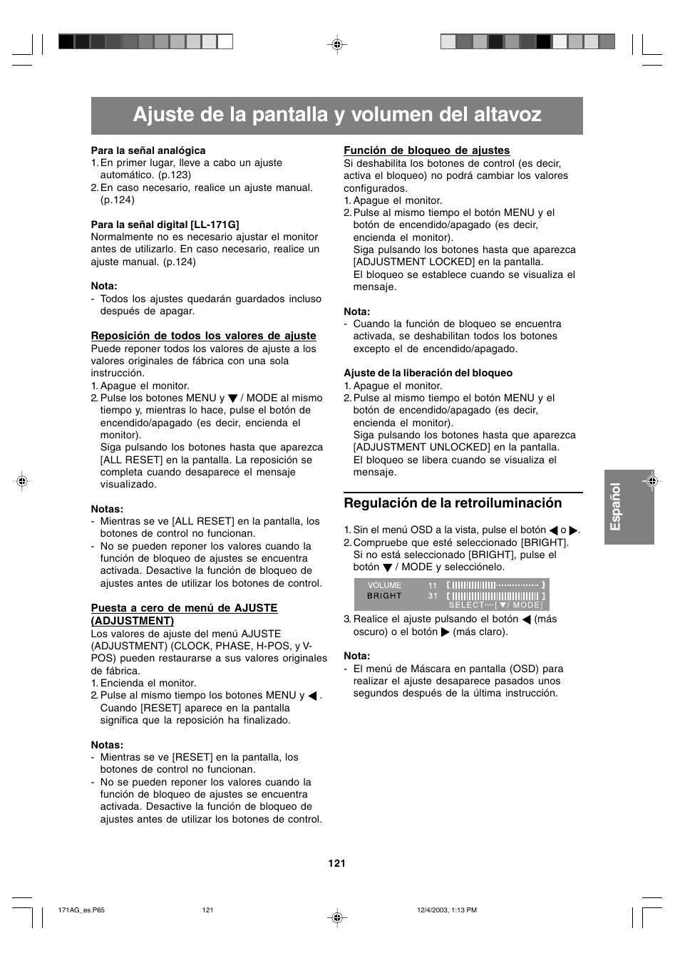 Ajuste de la pantalla y volumen del altavoz, Regulación de la retroiluminación | Sharp LL-171A User Manual | Page 121 / 140