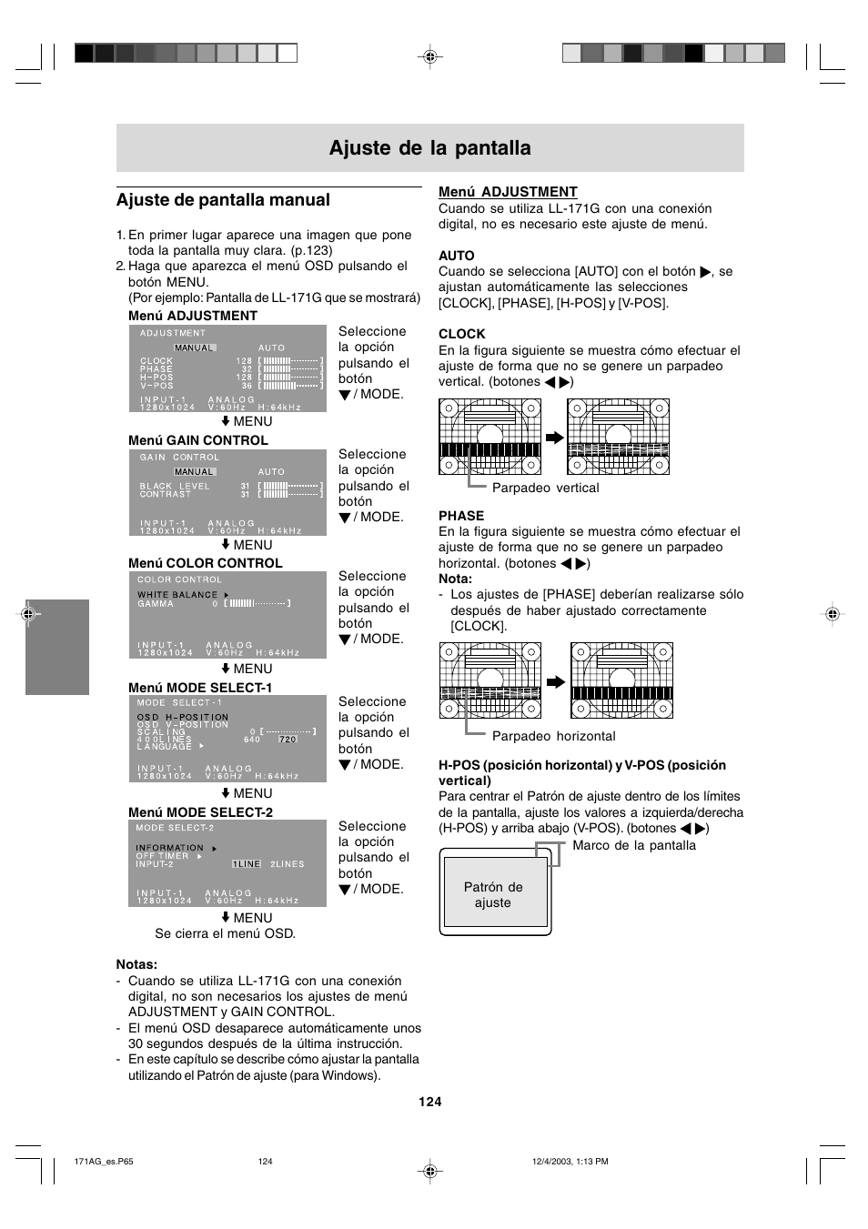 Ajuste de la pantalla, Ajuste de pantalla manual | Sharp LL-171A User Manual | Page 124 / 140