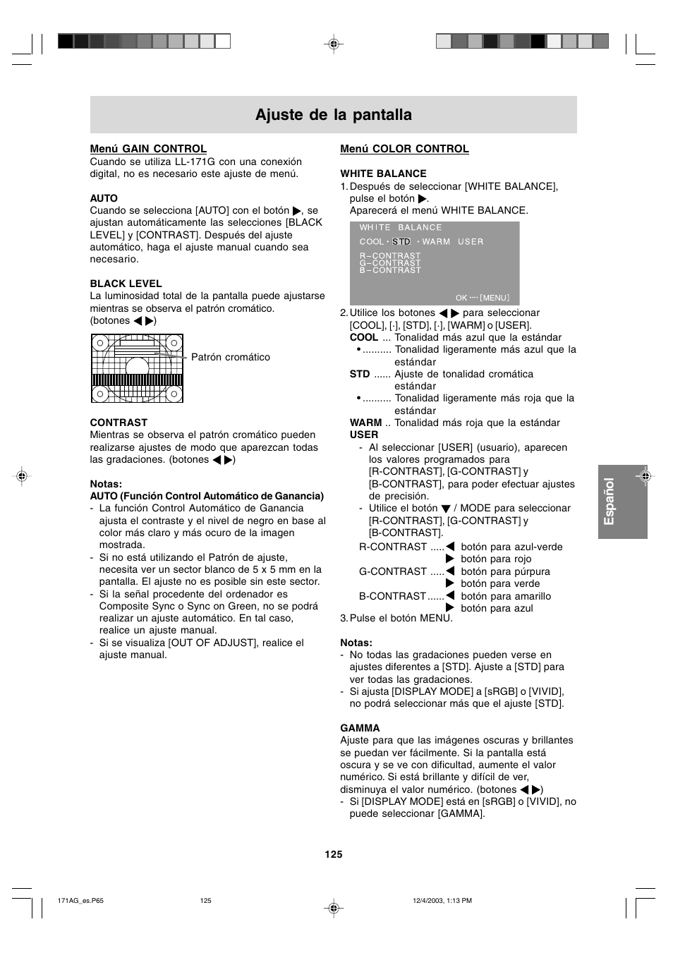 Ajuste de la pantalla | Sharp LL-171A User Manual | Page 125 / 140