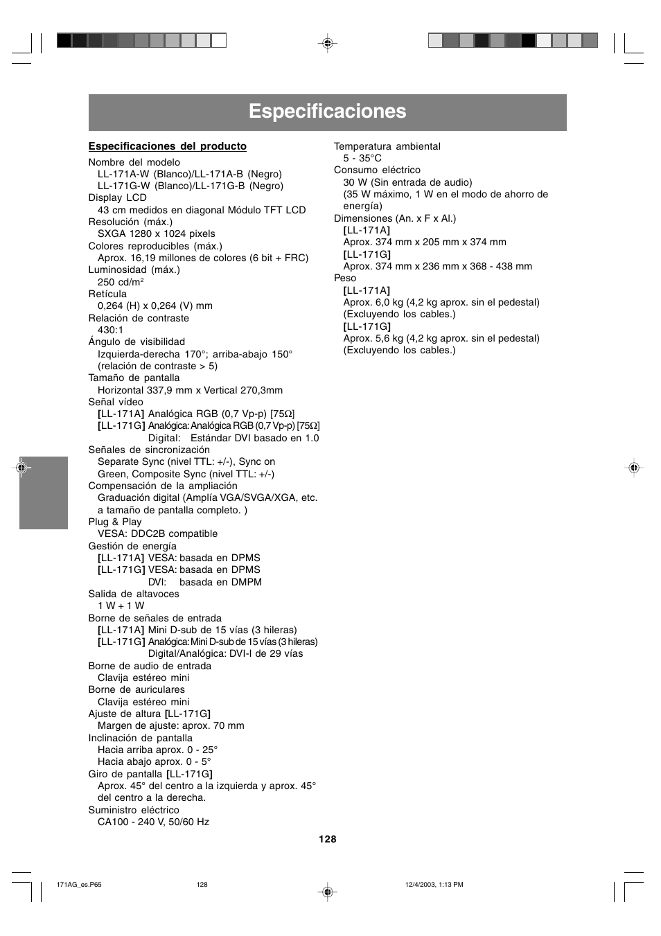 Especificaciones | Sharp LL-171A User Manual | Page 128 / 140