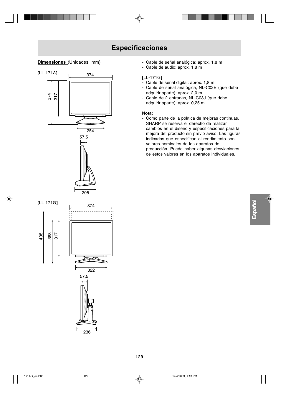 Especificaciones | Sharp LL-171A User Manual | Page 129 / 140