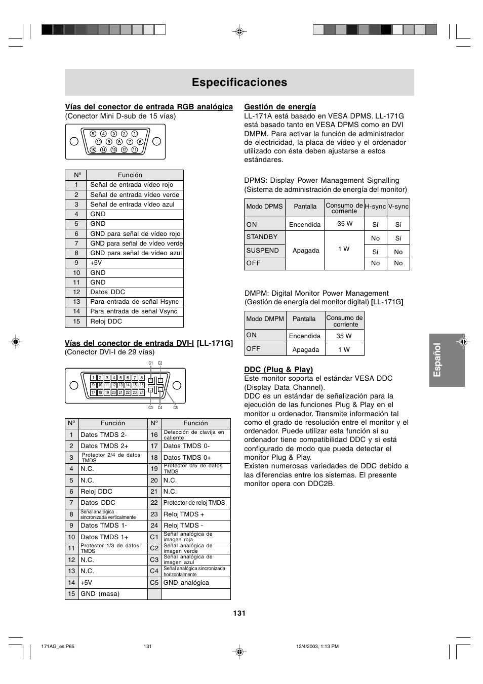 Especificaciones | Sharp LL-171A User Manual | Page 131 / 140