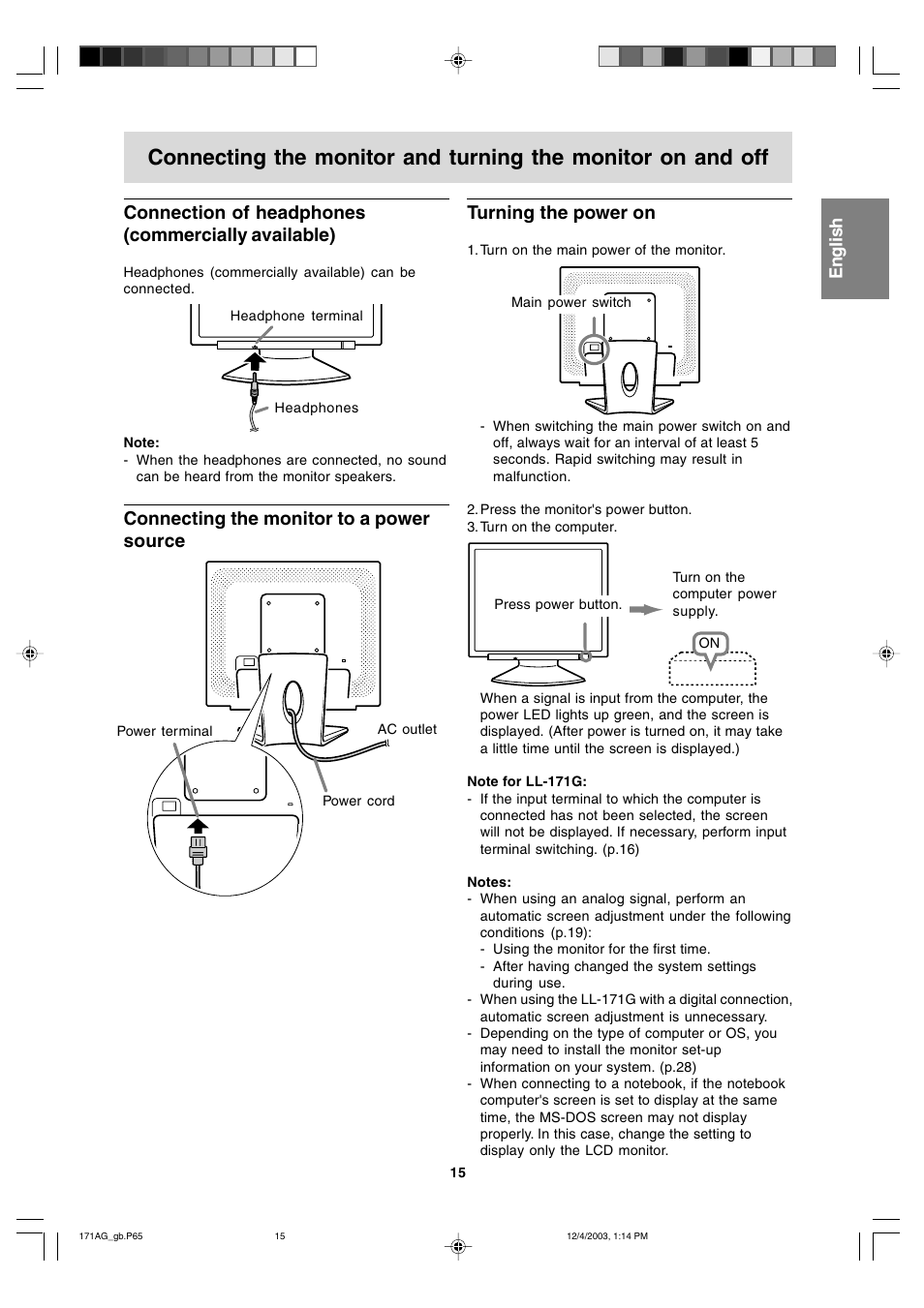 Connection of headphones (commercially available), Connecting the monitor to a power source, Turning the power on | Sharp LL-171A User Manual | Page 15 / 140