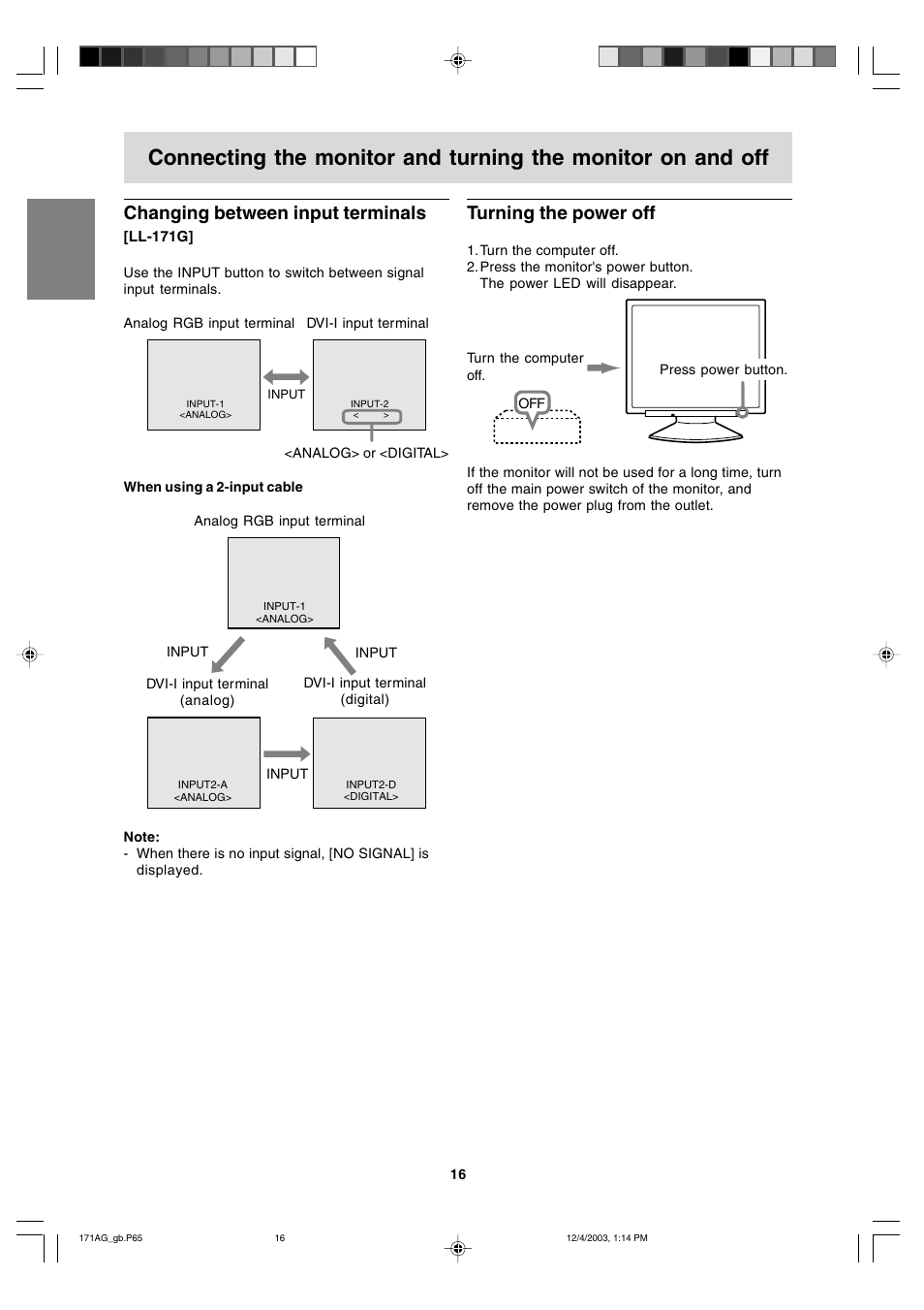 Turning the power off, Changing between input terminals | Sharp LL-171A User Manual | Page 16 / 140