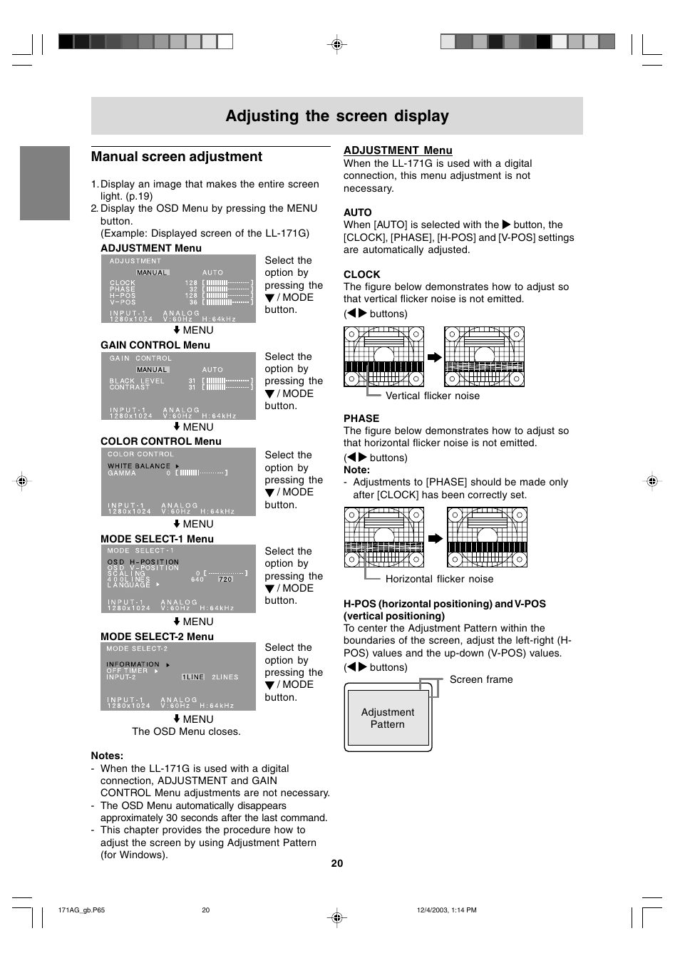 Adjusting the screen display, Manual screen adjustment | Sharp LL-171A User Manual | Page 20 / 140