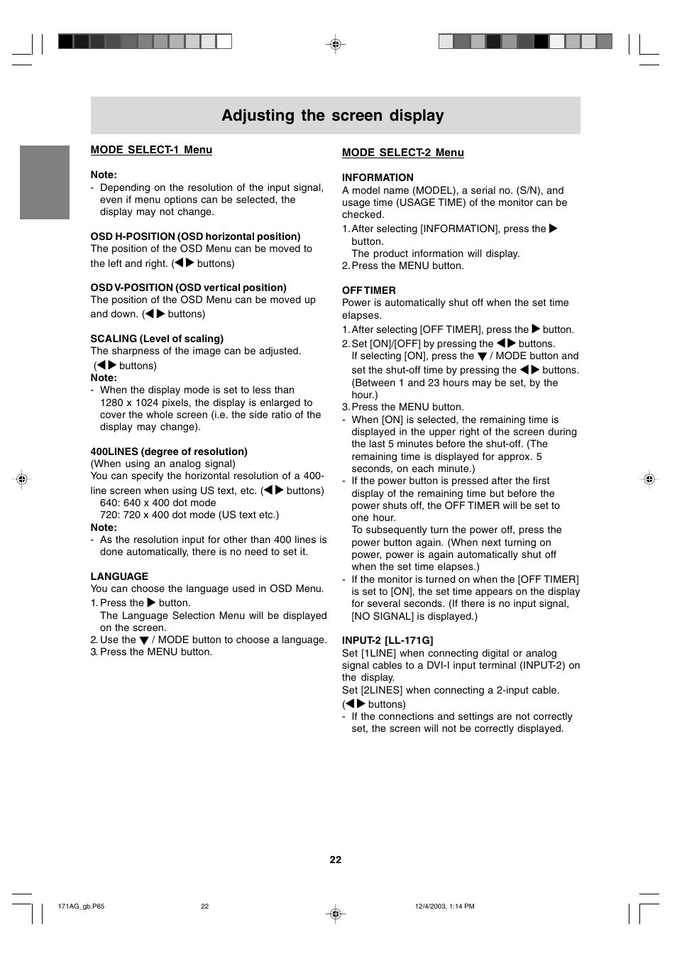 Adjusting the screen display | Sharp LL-171A User Manual | Page 22 / 140