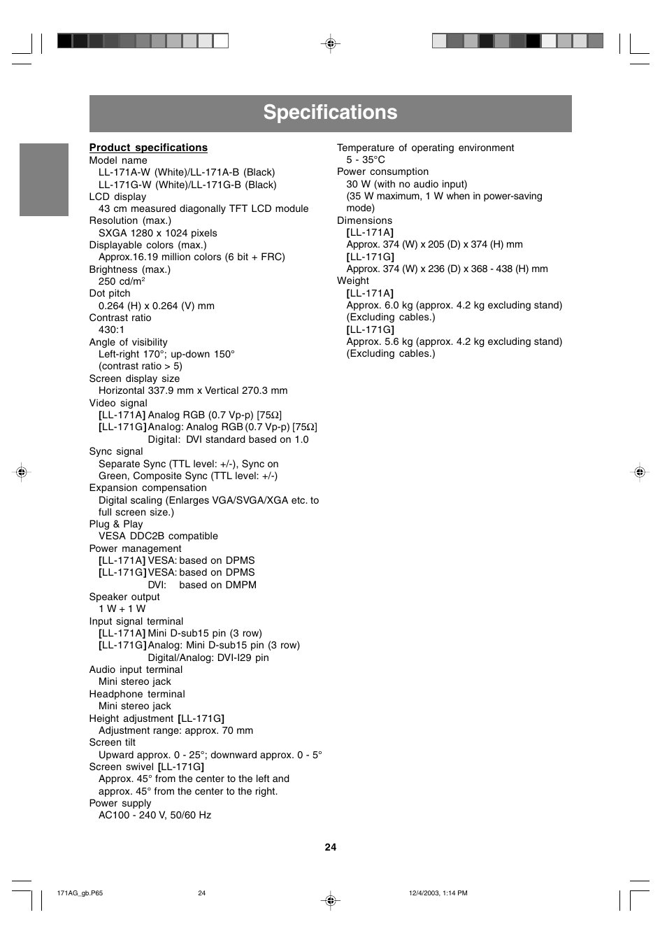 Specifications | Sharp LL-171A User Manual | Page 24 / 140